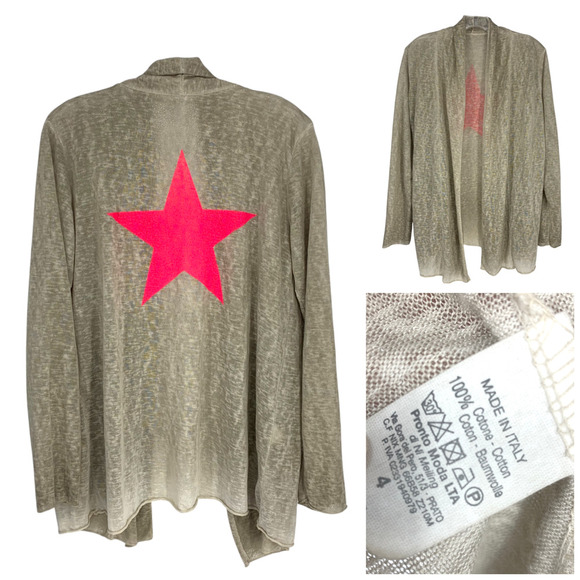 Vintage Y2K Pronto Moda Italy Sz 4 Cotton Cardigan Neon Pink Star Graphic - Picture 1 of 4